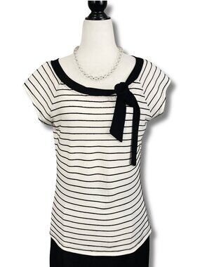 M COLLECTION Vintage black and creamy white striped tie-neck top MEDIUM shirt